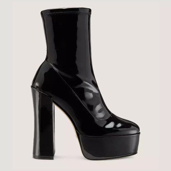 $750 STUART WEITZMAN Skyhigh 145 Platform Bootie PATENT LEATHER BLACK 7 (PB25)
